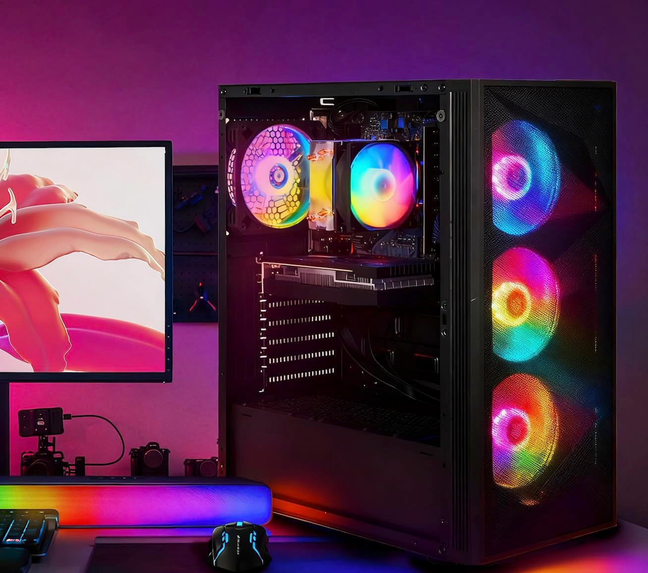Gaming PC Desktop Computer, AMD Ryzen 7 5700X up to 4.6G, Geforce RTX 3050 6G, 16GB DDR4, 1TB SSD, Wifi 6 & BT 5.2, RGB Fan X4, Windows 11 Home