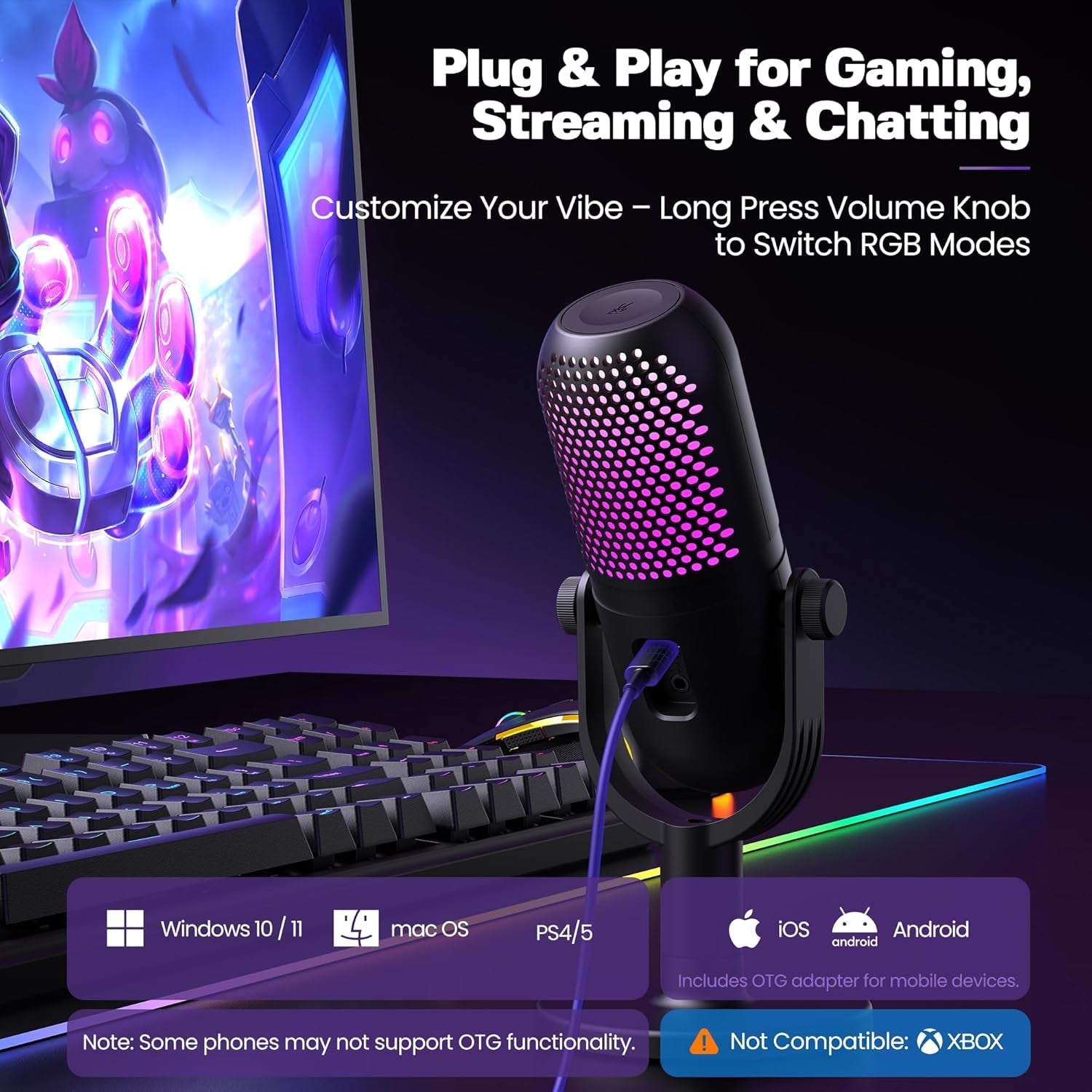 USB Microphone for PC Gaming: Condenser Microphone with RGB