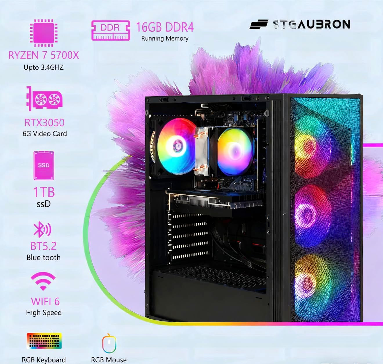 Gaming PC Desktop Computer, AMD Ryzen 7 5700X up to 4.6G, Geforce RTX 3050 6G, 16GB DDR4, 1TB SSD, Wifi 6 & BT 5.2, RGB Fan X4, Windows 11 Home